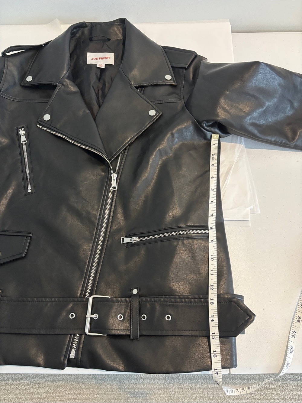 JOE FRESH Black Faux Leather Biker Jacket MOTO jacket with belt size large - Picture 9 of 11